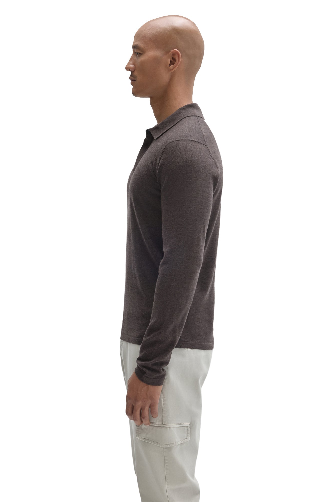 Robert Barakett men's dark brown long sleeve polo shirt showing the collar, sleeve, and straight hem, side view