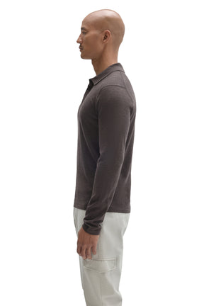 Robert Barakett men's dark brown long sleeve polo shirt showing the collar, sleeve, and straight hem, side view