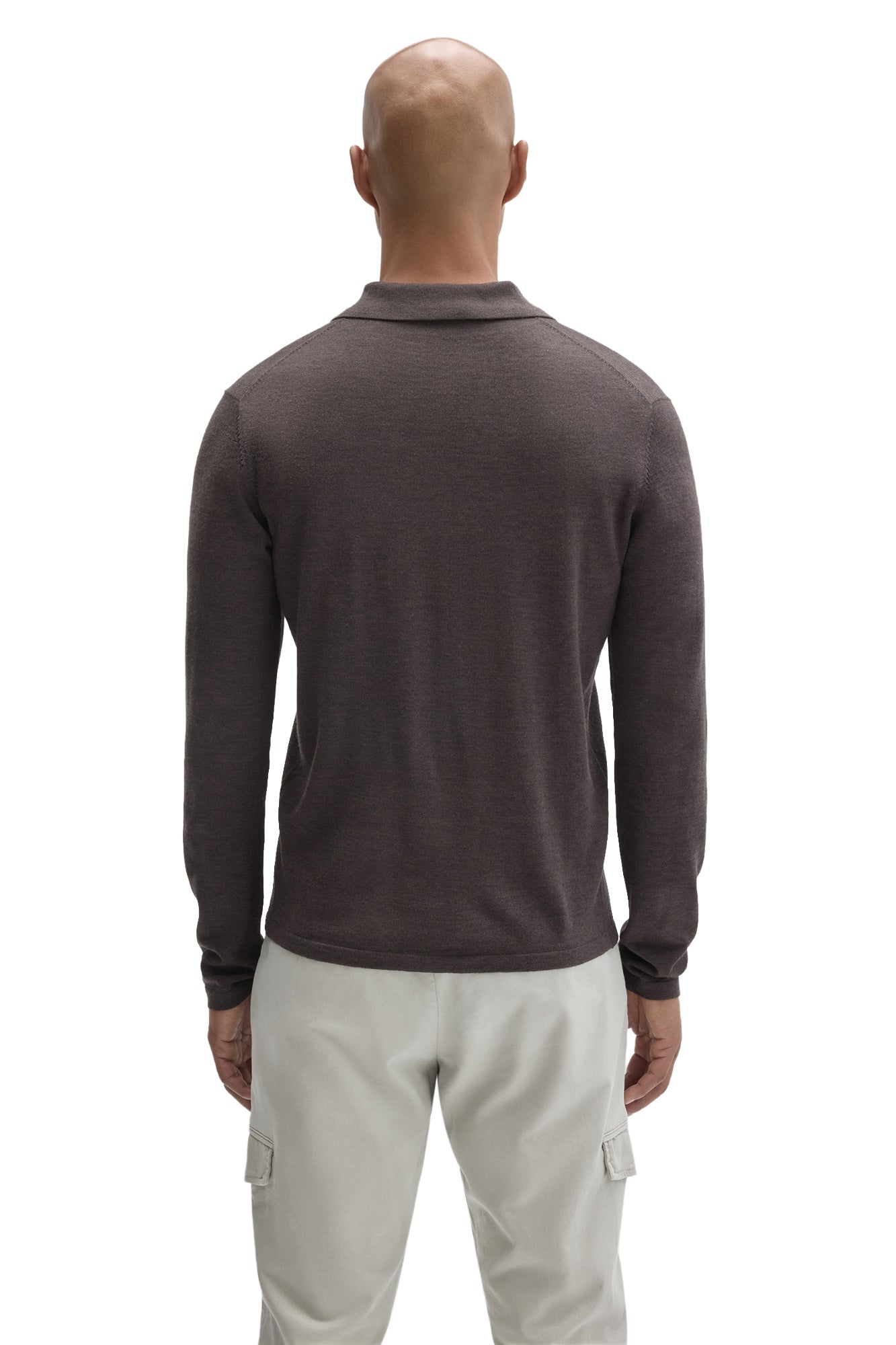 Robert Barakett men's dark brown long sleeve polo shirt with flat collar and straight hem, back view