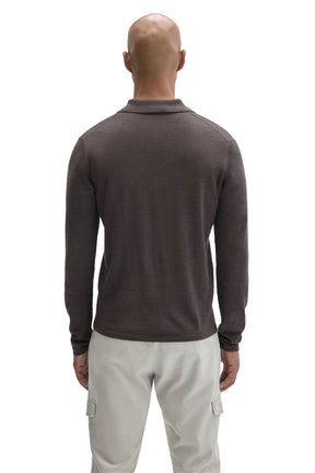 Robert Barakett men's dark brown long sleeve polo shirt with flat collar and straight hem, back view