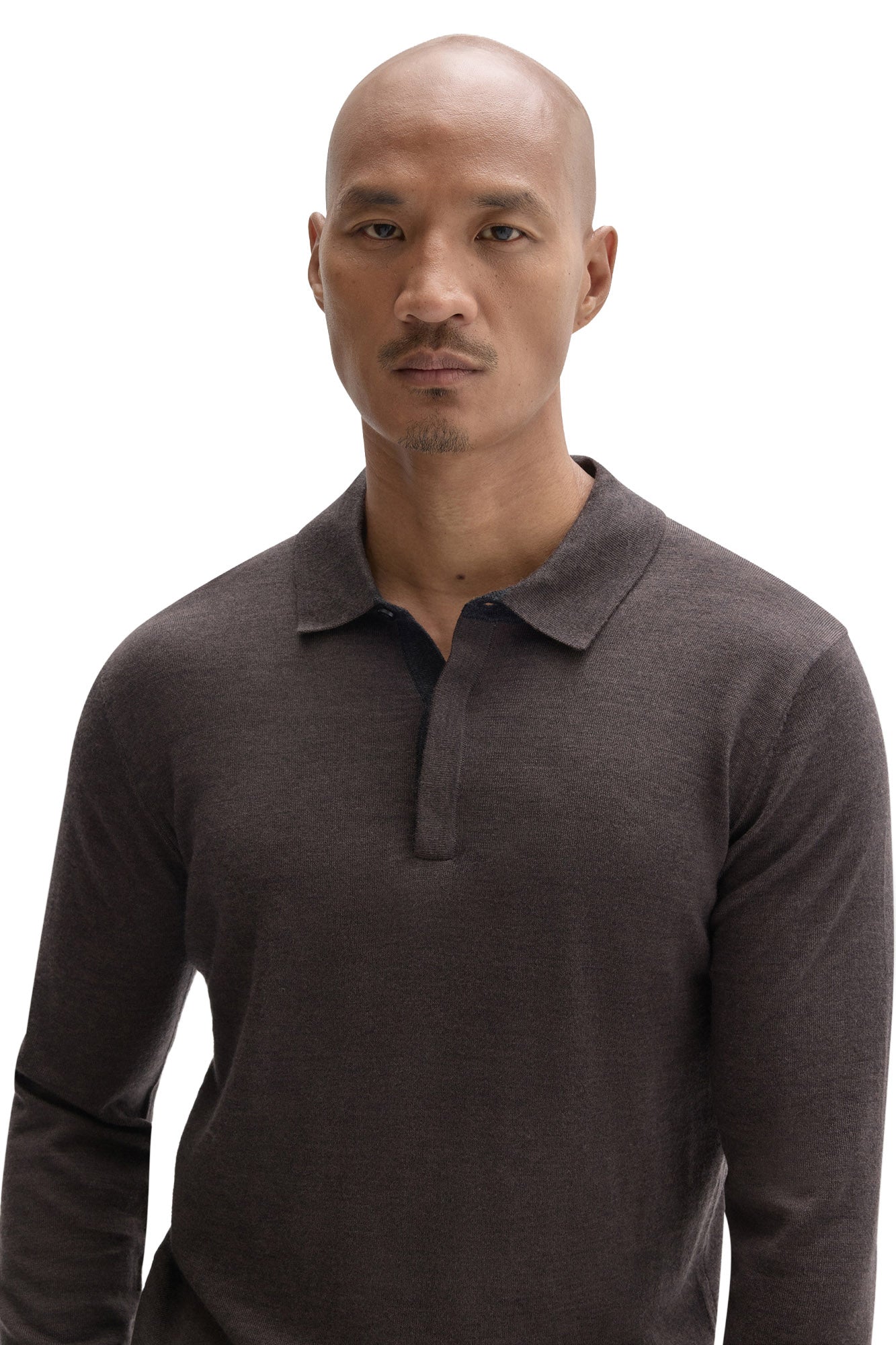 Men's close front view of a dark brown long sleeve polo shirt with flat collar and partial placket by Robert Barakett