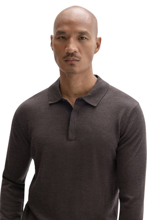 Men's close front view of a dark brown long sleeve polo shirt with flat collar and partial placket by Robert Barakett