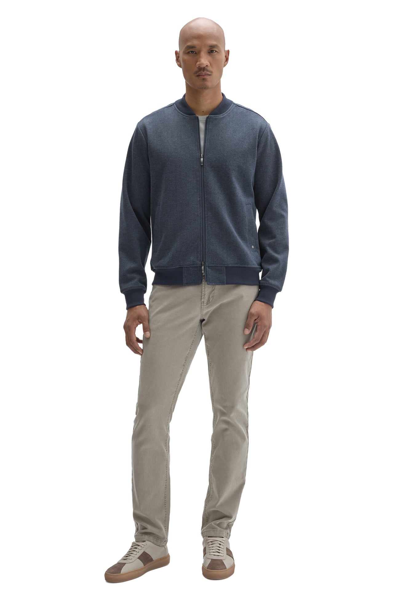 Men's full front model view of blue zip jacket with ribbed baseball collar, cuffs and waistband by Robert Barakett