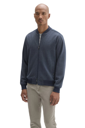 Robert Barakett men's front angled view of blue zip jacket with ribbed baseball collar, cuffs, hem and welt pockets