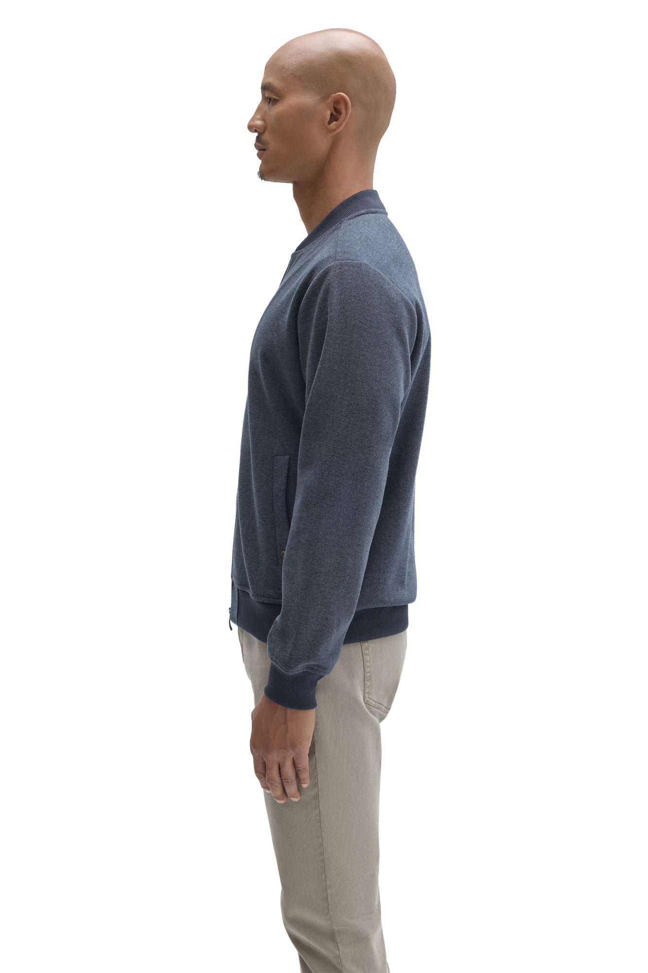 Robert Barakett men's blue zip jacket showing ribbed cuff, waistband and side welt pocket, side view