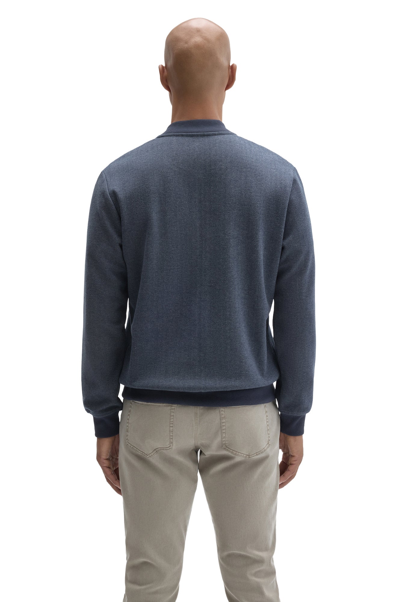 Robert Barakett men's heathered blue jacket with ribbed baseball collar, cuffs and waistband, back view