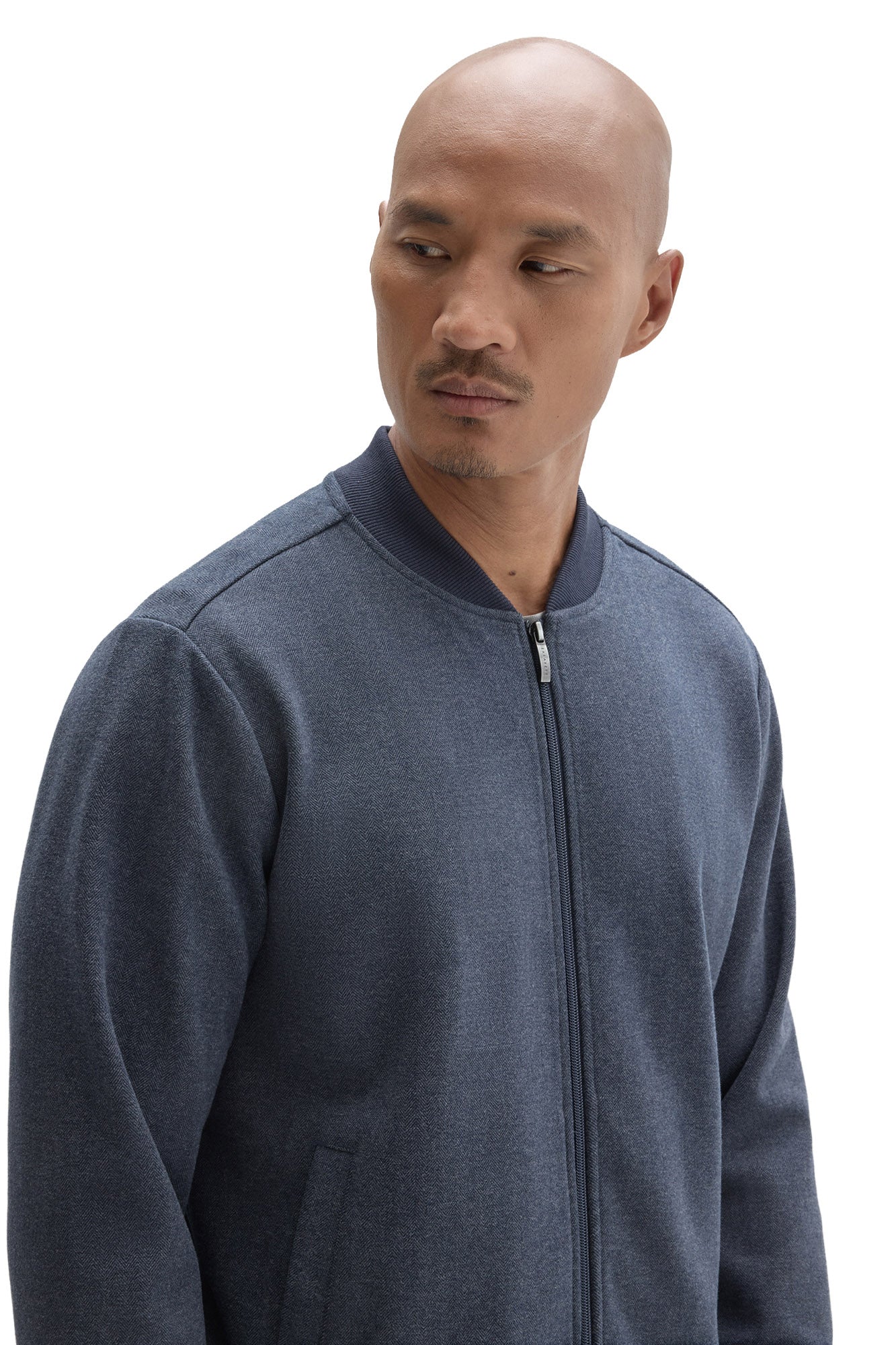 Robert Barakett men's blue zip jacket with ribbed baseball collar and subtle herringbone-like texture, close-up