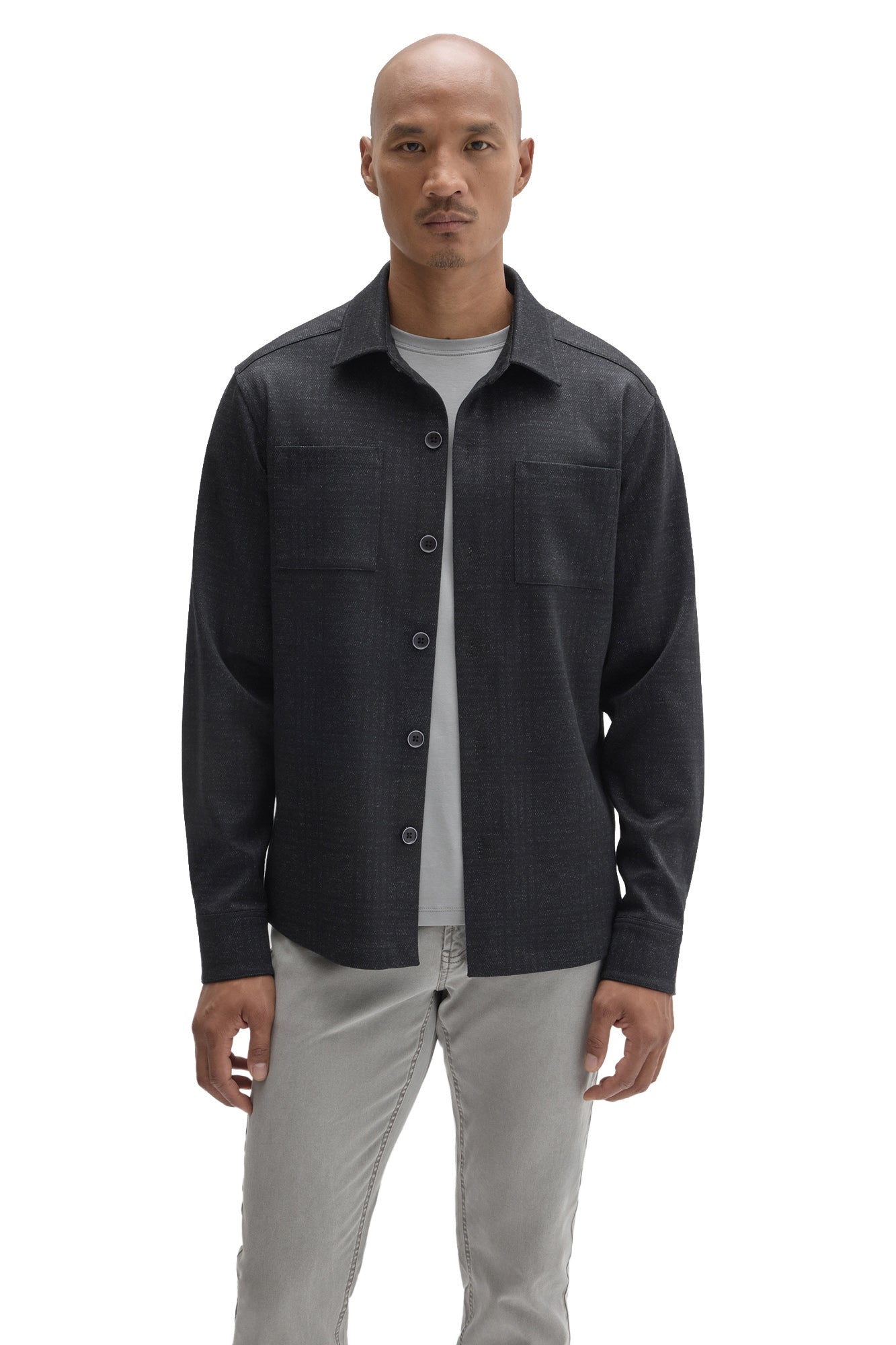 Front view of men's charcoal textured overshirt with point collar, buttons, and two chest pockets by Robert Barakett