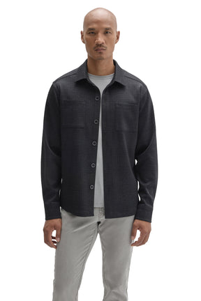 Front view of men's charcoal textured overshirt with point collar, buttons, and two chest pockets by Robert Barakett