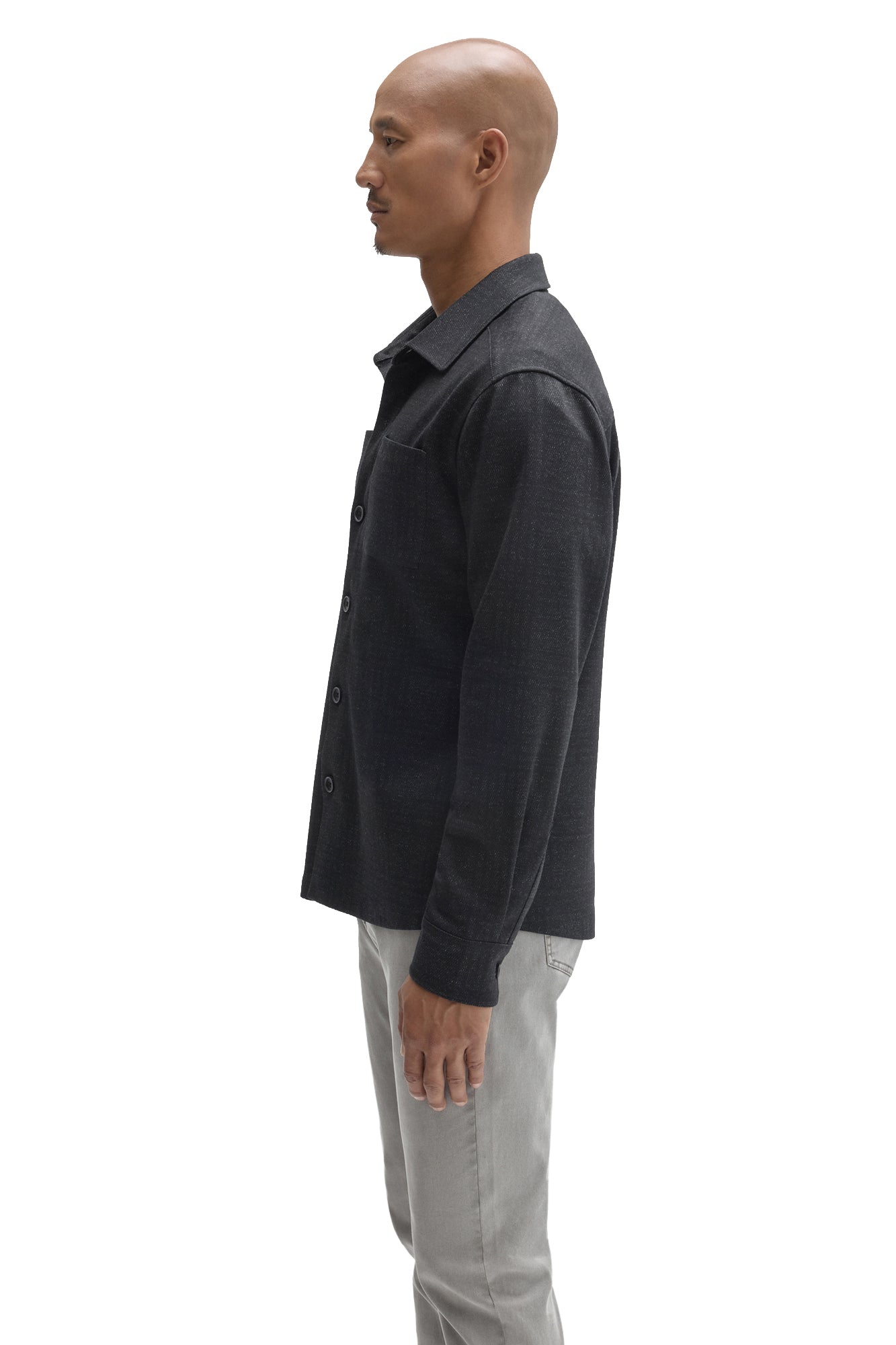 Robert Barakett men's charcoal textured overshirt with point collar, long sleeves, and button front, side view