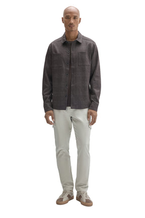 Robert Barakett men's charcoal tonal plaid overshirt worn open with chest patch pockets, front full-body view
