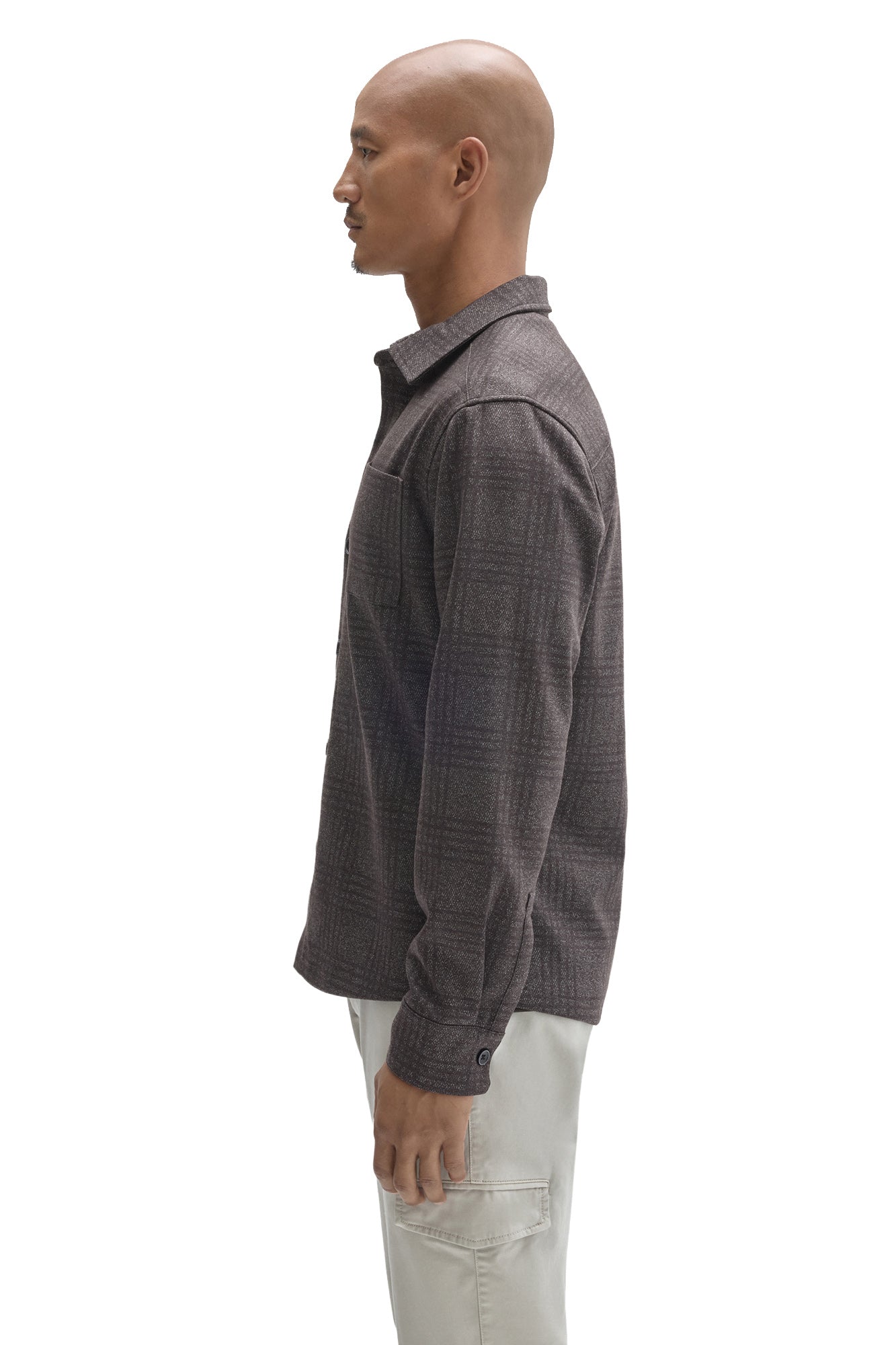Robert Barakett men's charcoal plaid overshirt showing straight silhouette, long sleeve, and button cuff, side view