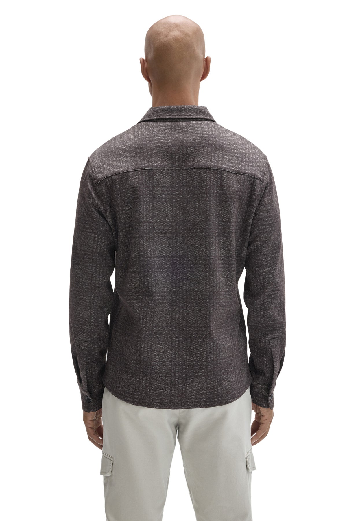 Robert Barakett men's charcoal tonal plaid overshirt showing point collar, back yoke seam, and button cuffs, back view