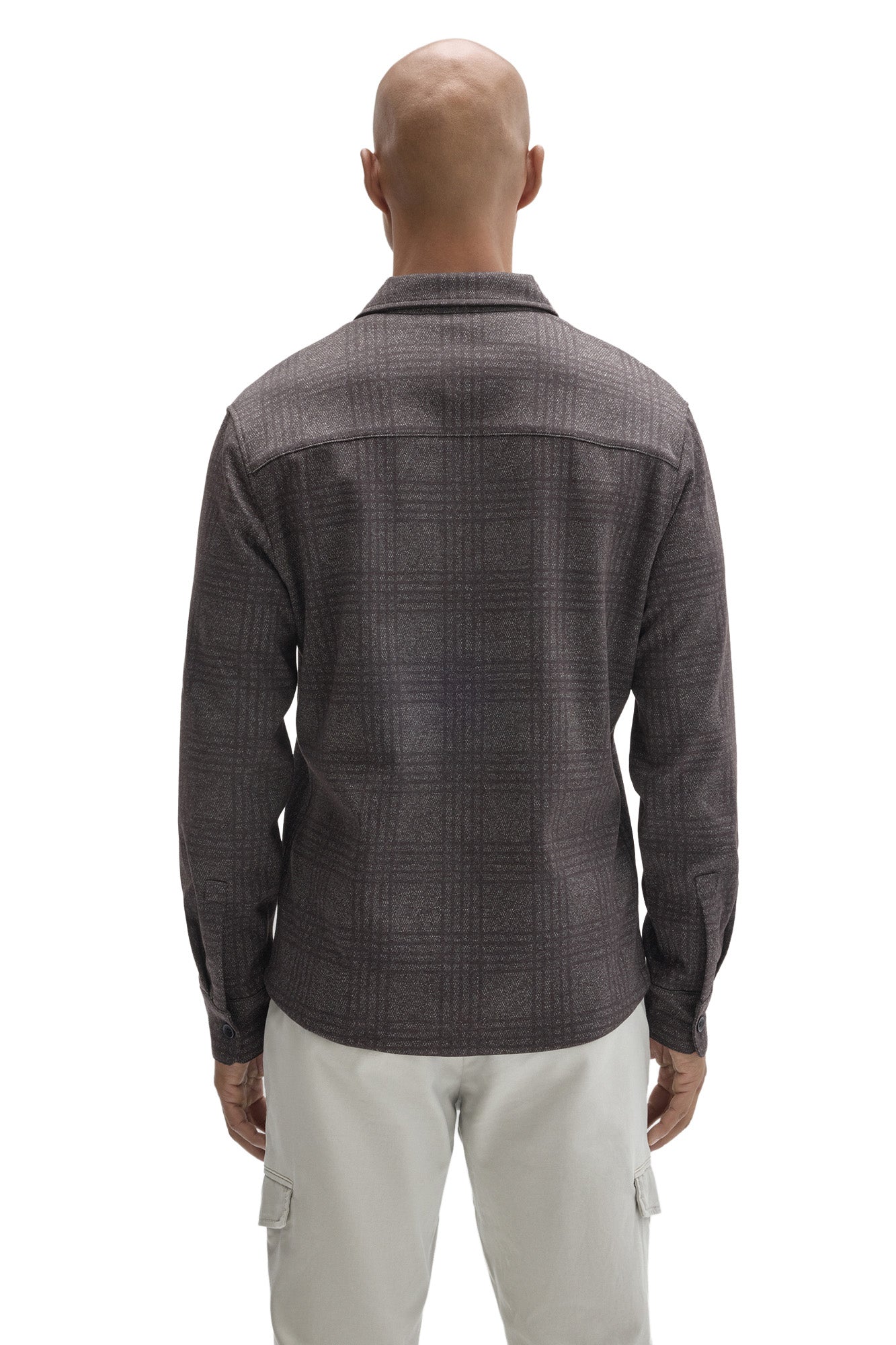 Robert Barakett men's charcoal tonal plaid overshirt showing point collar, back yoke seam, and button cuffs, back view