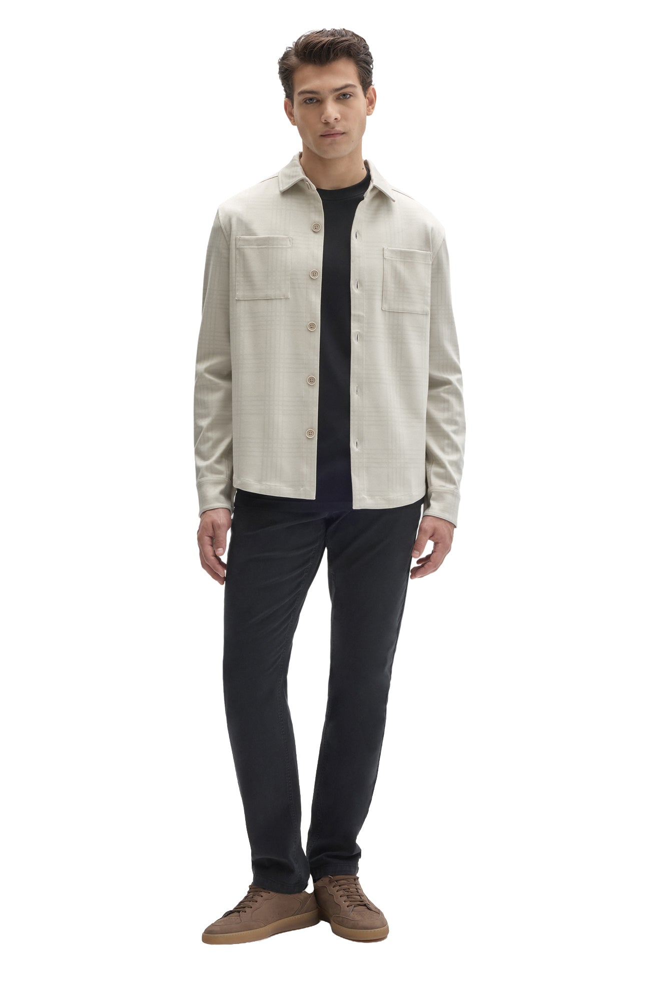 Robert Barakett men's full-body front view of cream tonal plaid overshirt worn open with chest pockets and button cuffs