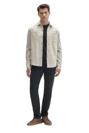 Robert Barakett men's full-body front view of cream tonal plaid overshirt worn open with chest pockets and button cuffs