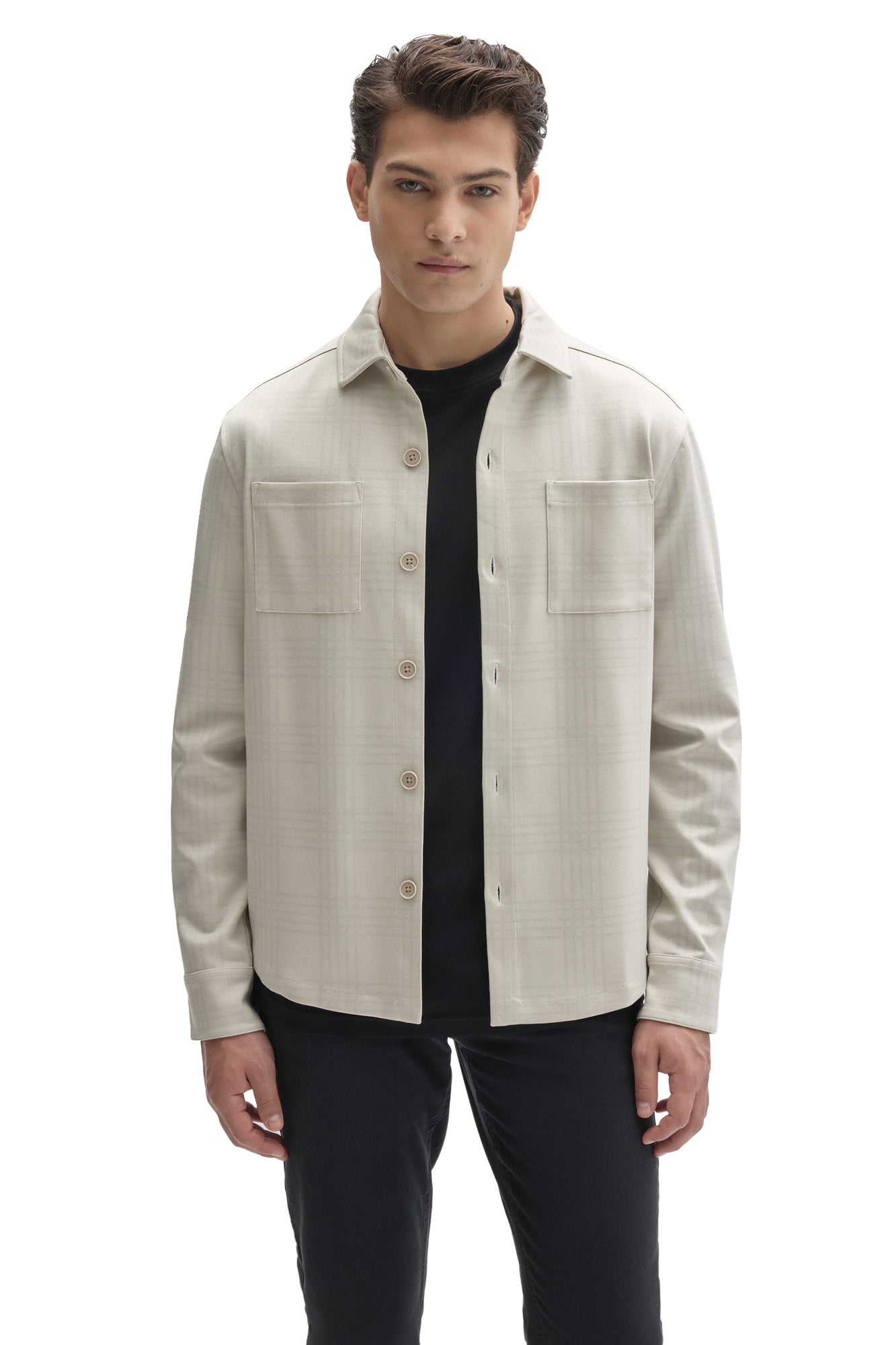 Robert Barakett men's cream tonal plaid overshirt worn open, with button placket and two chest patch pockets, front view