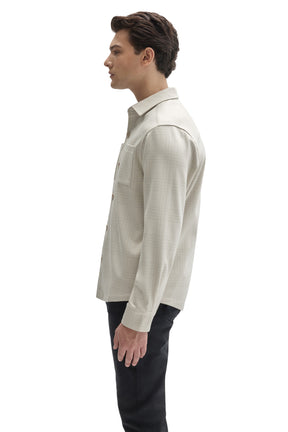 Robert Barakett men's cream tonal plaid overshirt showing point collar, chest pocket and long sleeve, side view