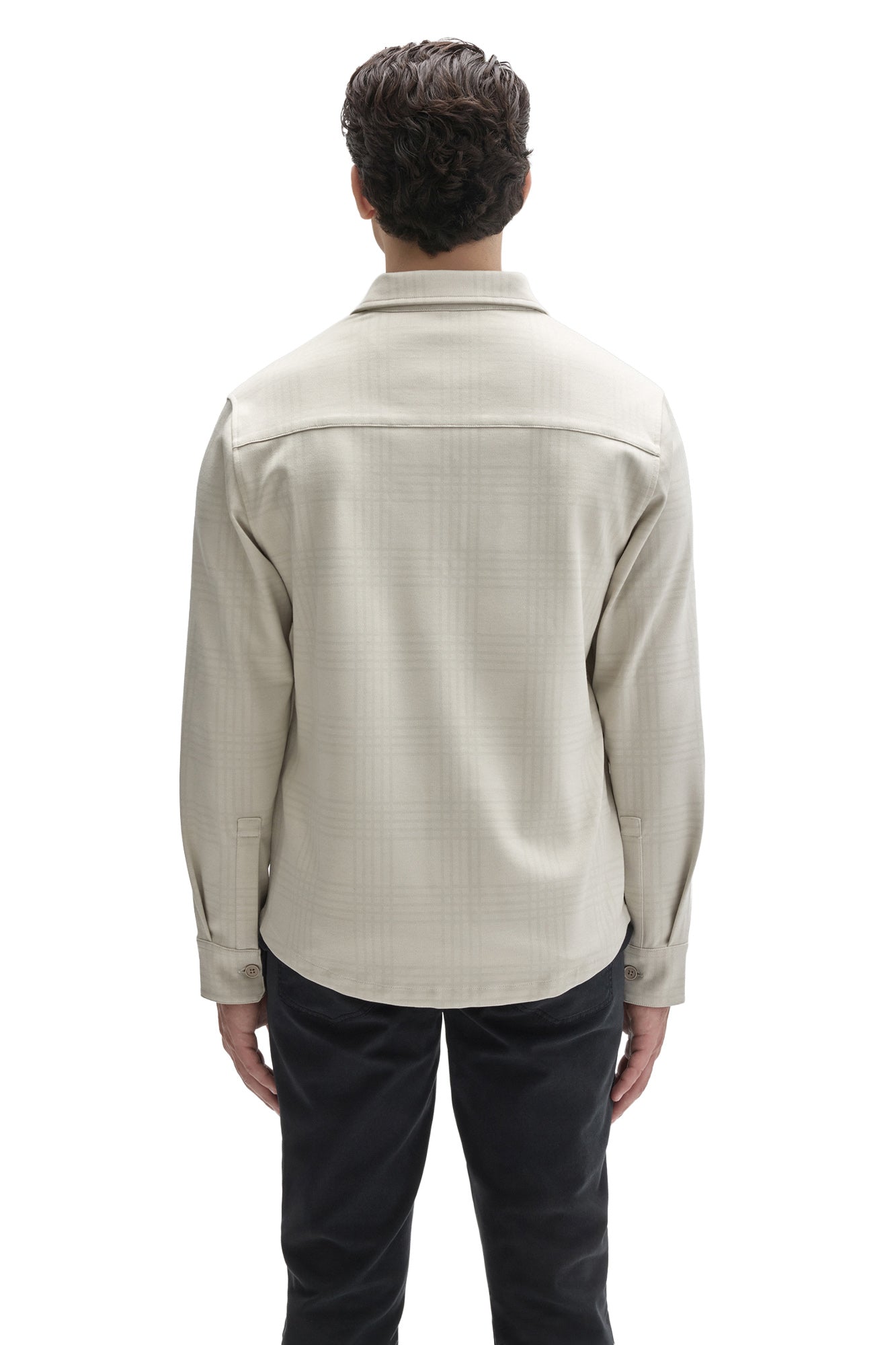 Robert Barakett men's cream tonal plaid overshirt with point collar, back yoke and button cuffs, back view