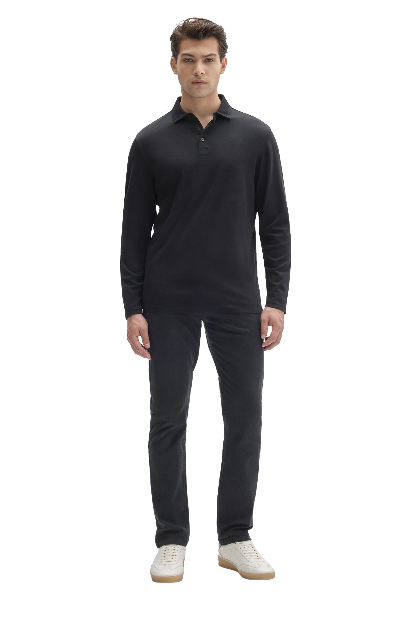 Men's full front view of black long sleeve polo with ribbed collar and straight hem by Robert Barakett
