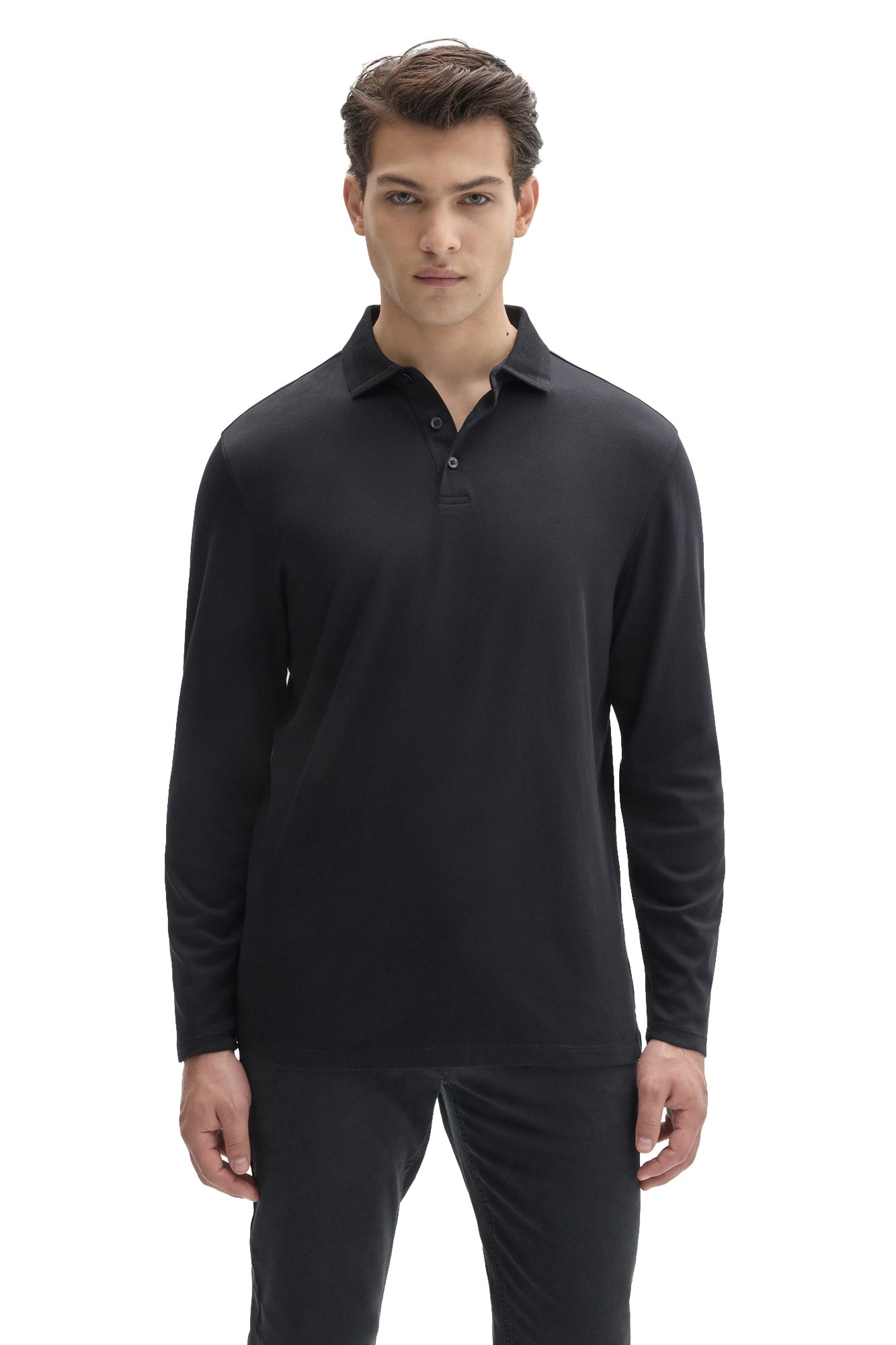 Robert Barakett men's black long sleeve polo with ribbed collar and short button placket shown from the front