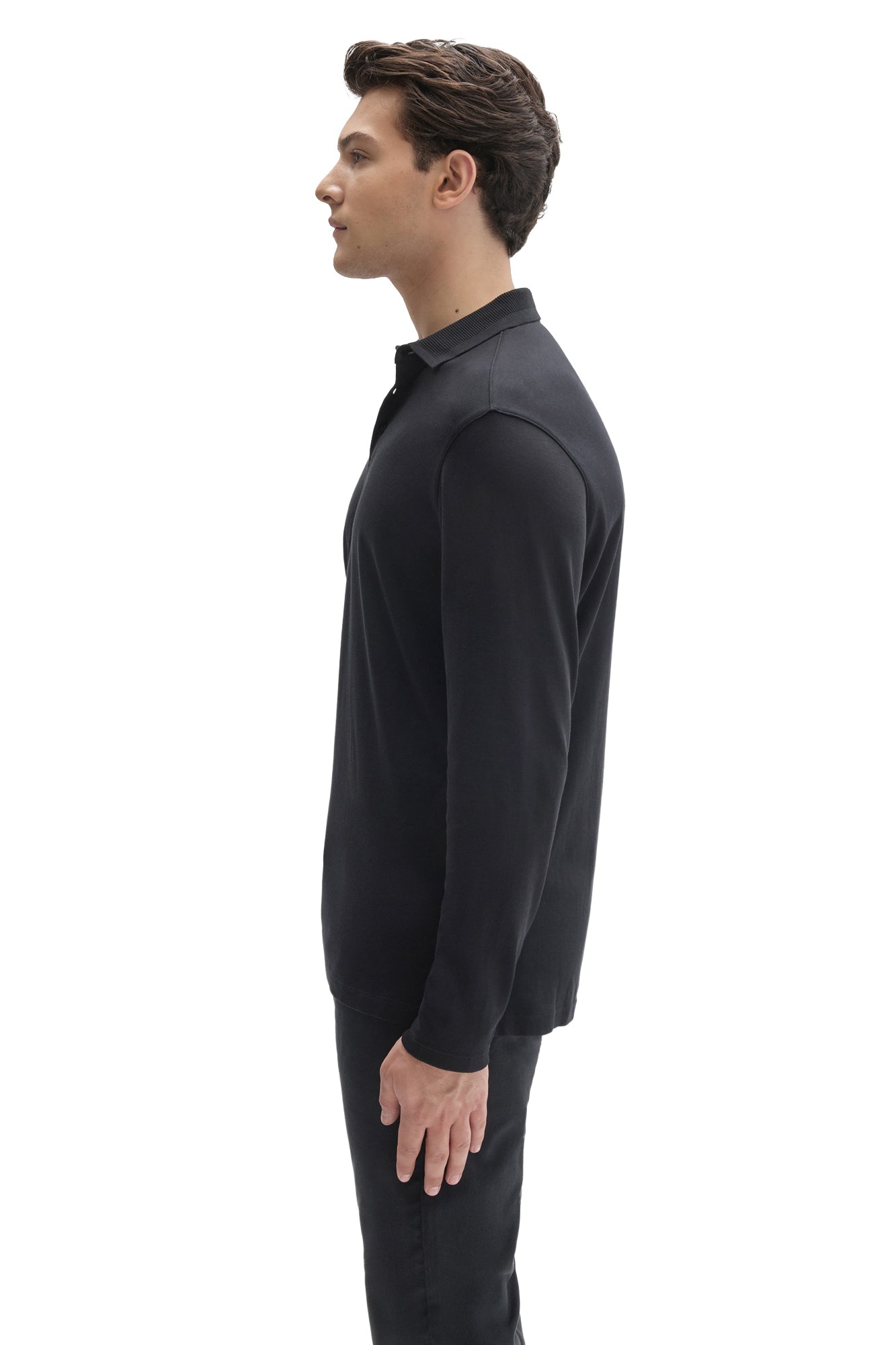 Robert Barakett men's black long sleeve polo showing ribbed collar and shoulder seam, side view