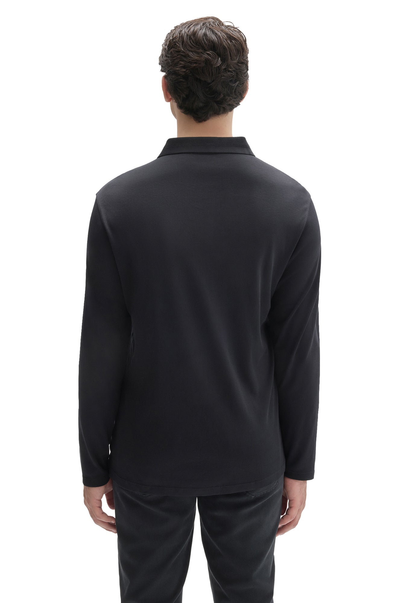 Robert Barakett men's black long sleeve polo with ribbed collar and straight hem, back view