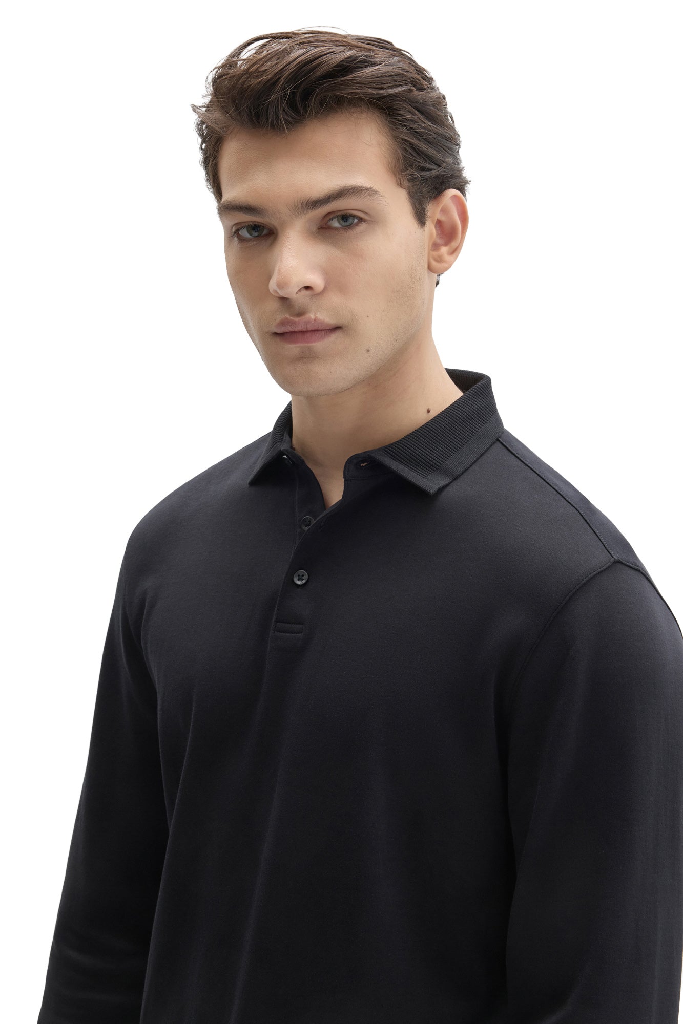 Robert Barakett men's black long sleeve polo with ribbed collar and short button placket, close view