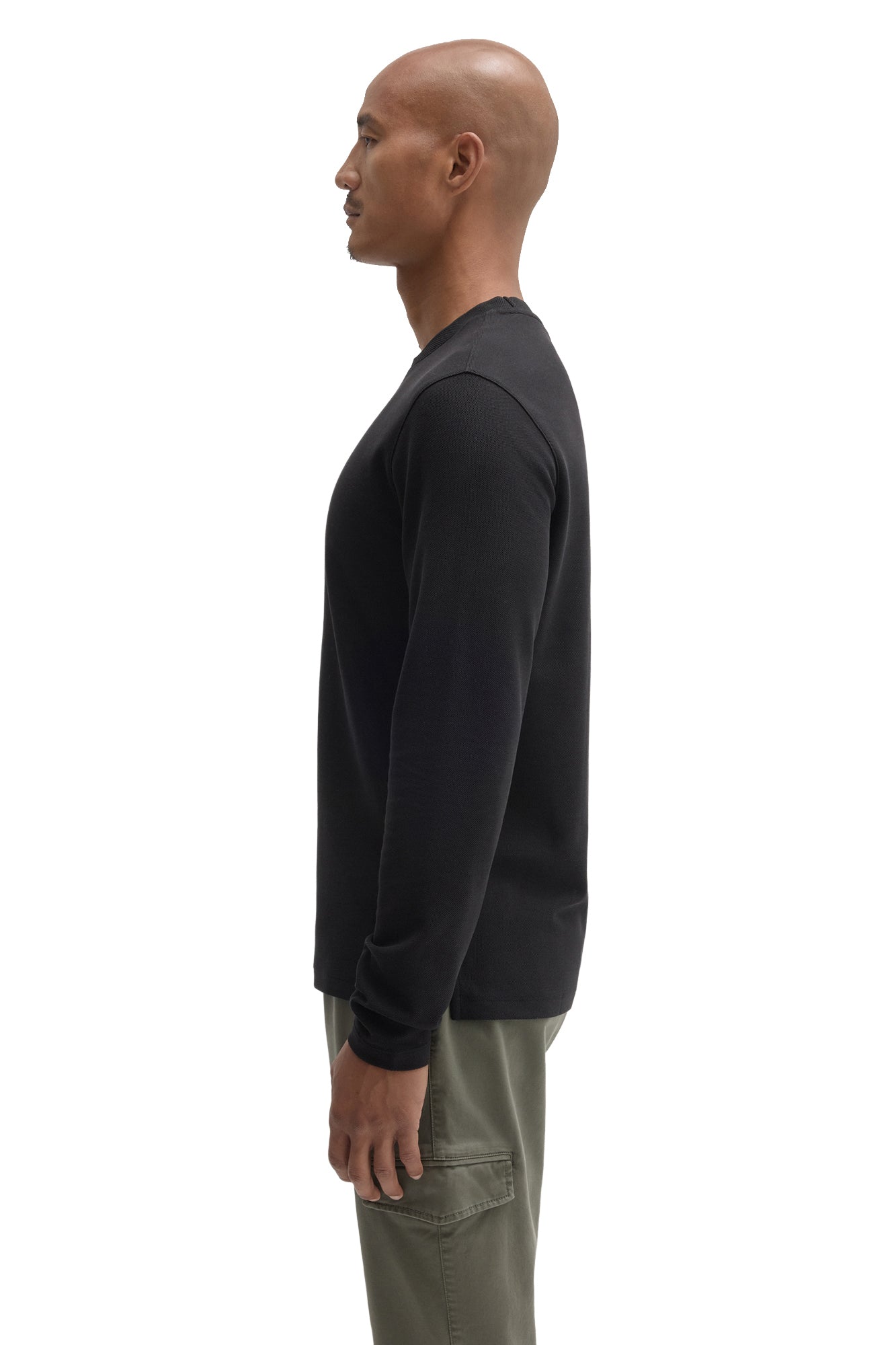 Robert Barakett men's black long sleeve crew neck T-Shirt showing straight hem and sleeve length, side view
