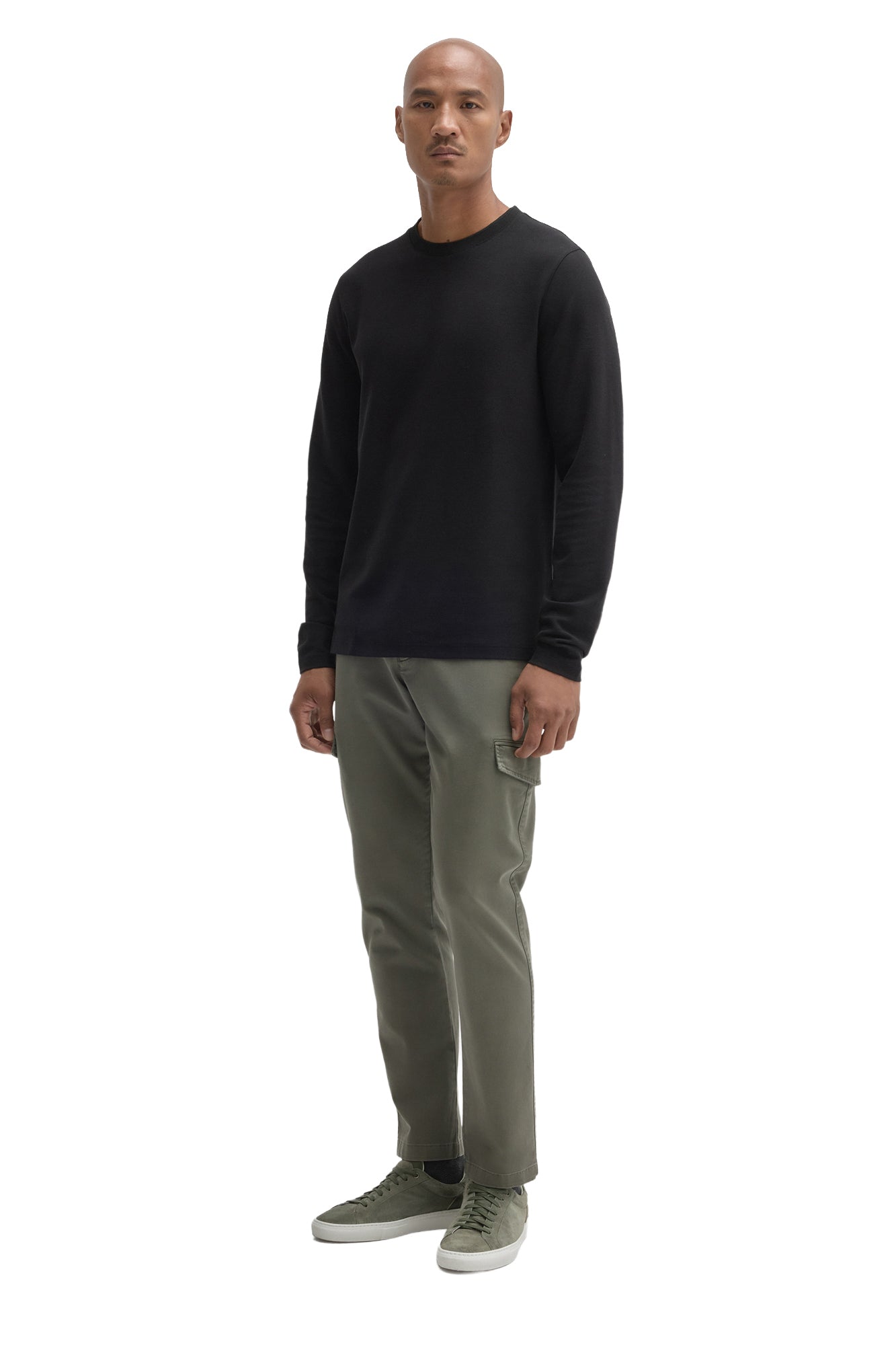 Robert Barakett men's full-body angled view of black long sleeve crew neck T-Shirt styled, front model view