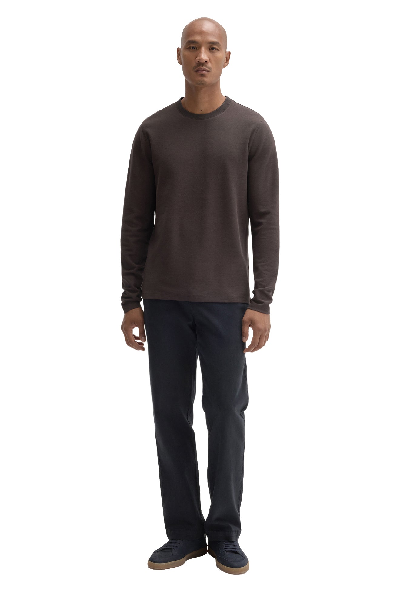Men's full front view of a dark brown long sleeve crewneck T-Shirt with straight hem and ribbed cuffs by Robert Barakett