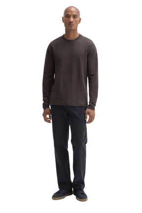 Men's full front view of a dark brown long sleeve crewneck T-Shirt with straight hem and ribbed cuffs by Robert Barakett