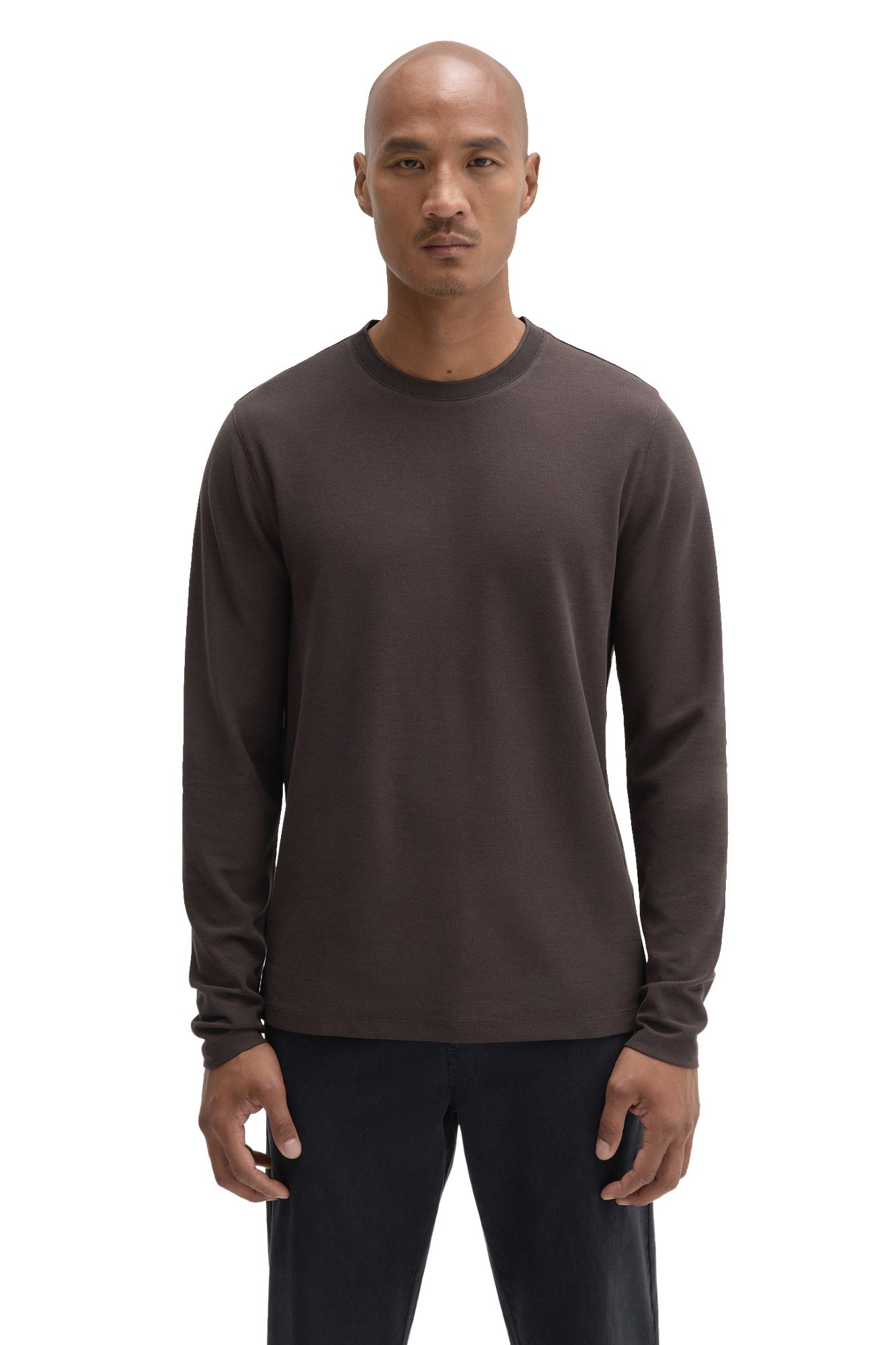 Front view of men's dark brown long sleeve crewneck T-Shirt with fine texture and ribbed cuffs by Robert Barakett