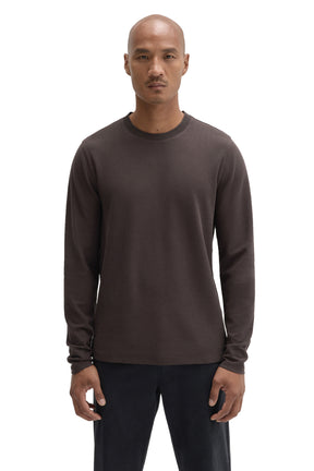 Front view of men's dark brown long sleeve crewneck T-Shirt with fine texture and ribbed cuffs by Robert Barakett