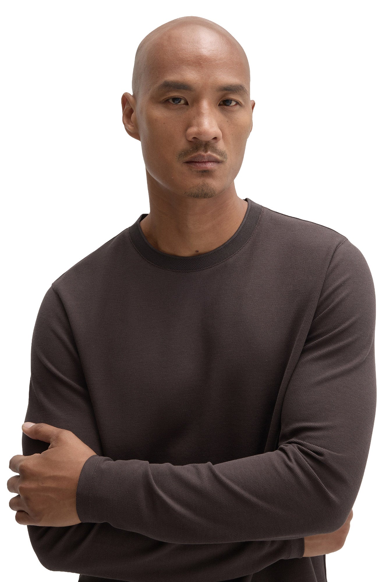 Robert Barakett men's close front detail of a dark brown textured crewneck Long-sleeve T-Shirt showing the ribbed collar