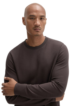 Robert Barakett men's close front detail of a dark brown textured crewneck Long-sleeve T-Shirt showing the ribbed collar