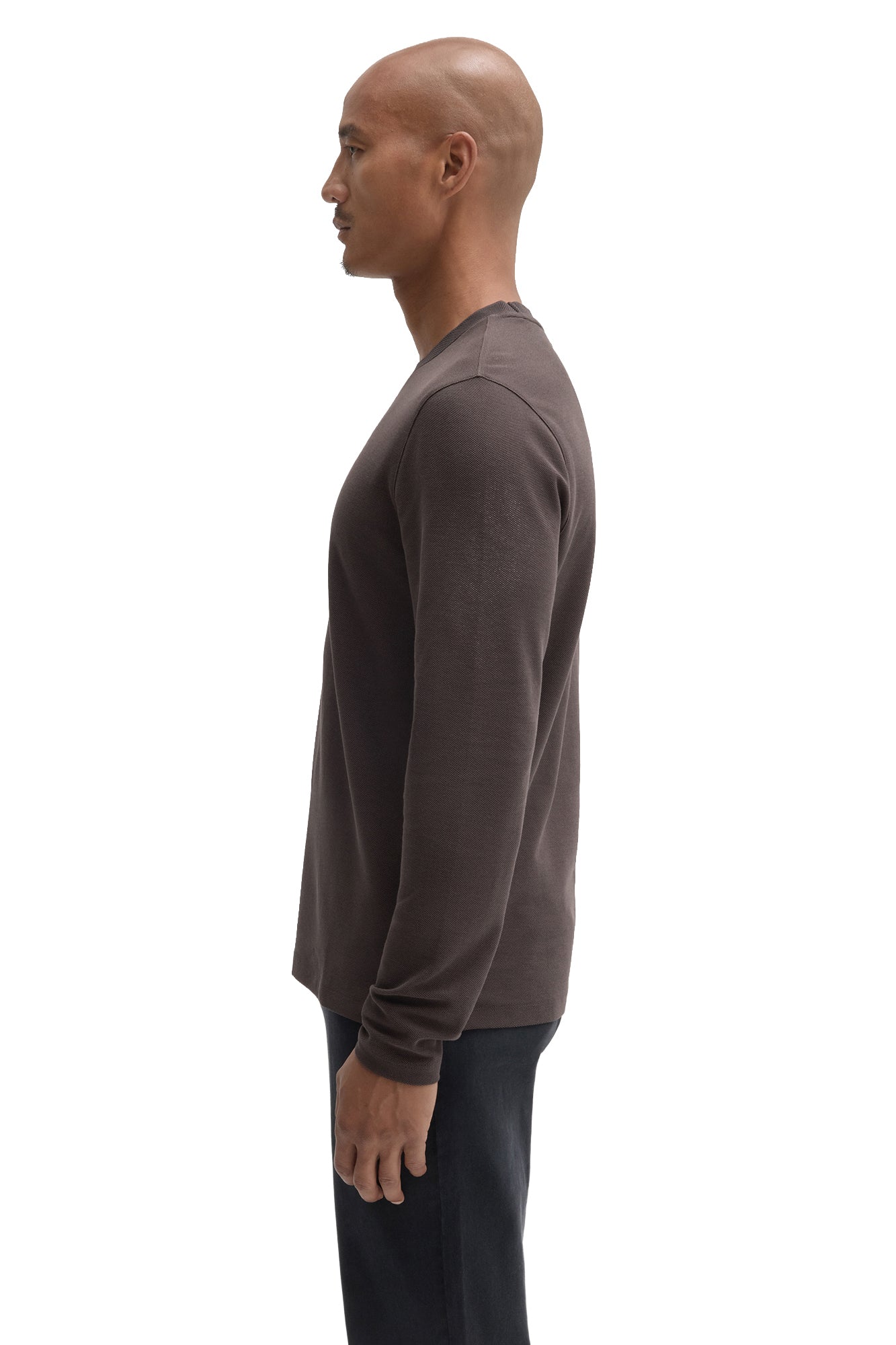 Robert Barakett men's dark brown long sleeve crewneck T-Shirt showing the straight fit and cuff, side view