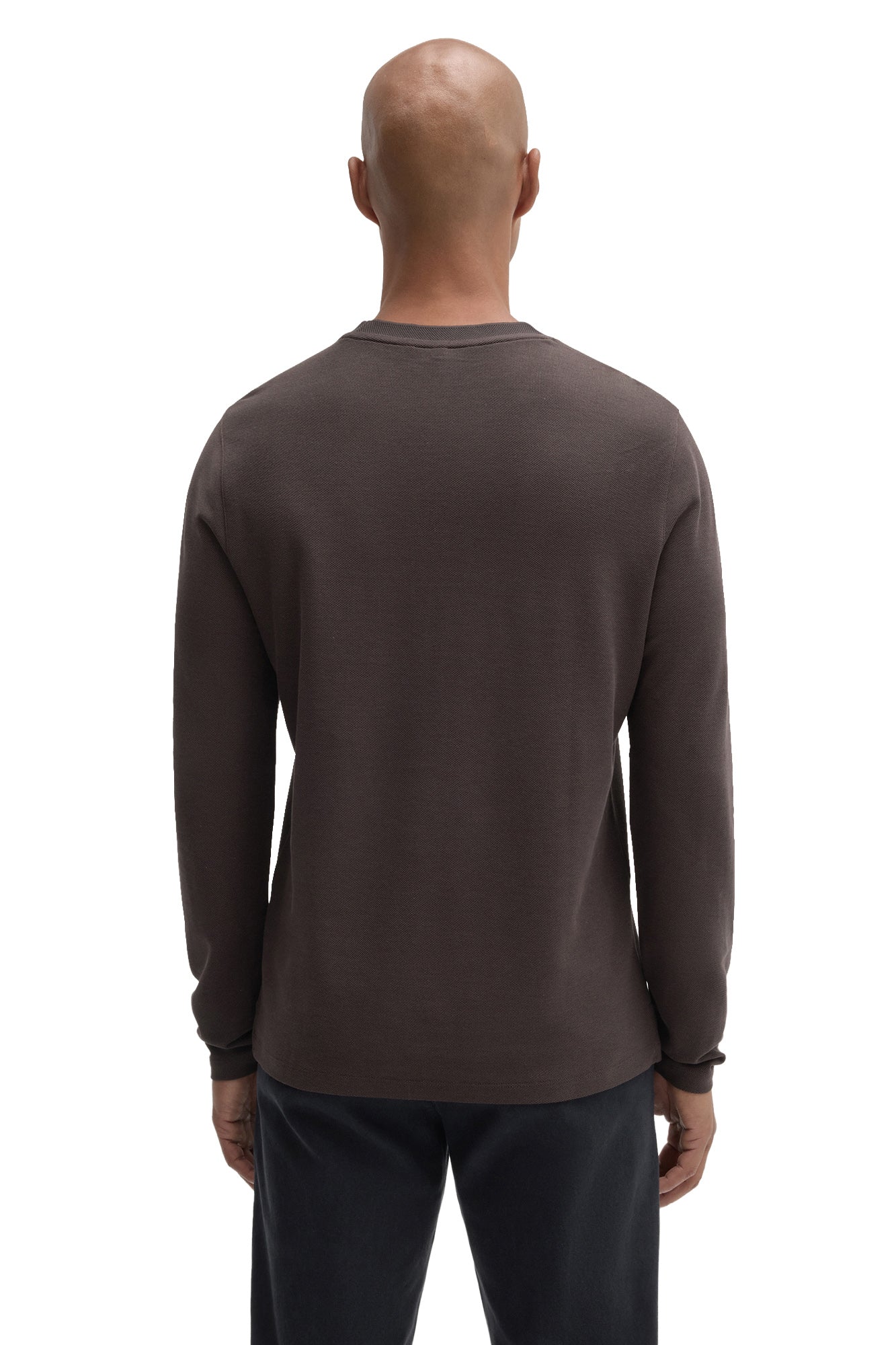 Robert Barakett men's dark brown long sleeve crewneck T-Shirt with fine texture and ribbed collar shown from the back