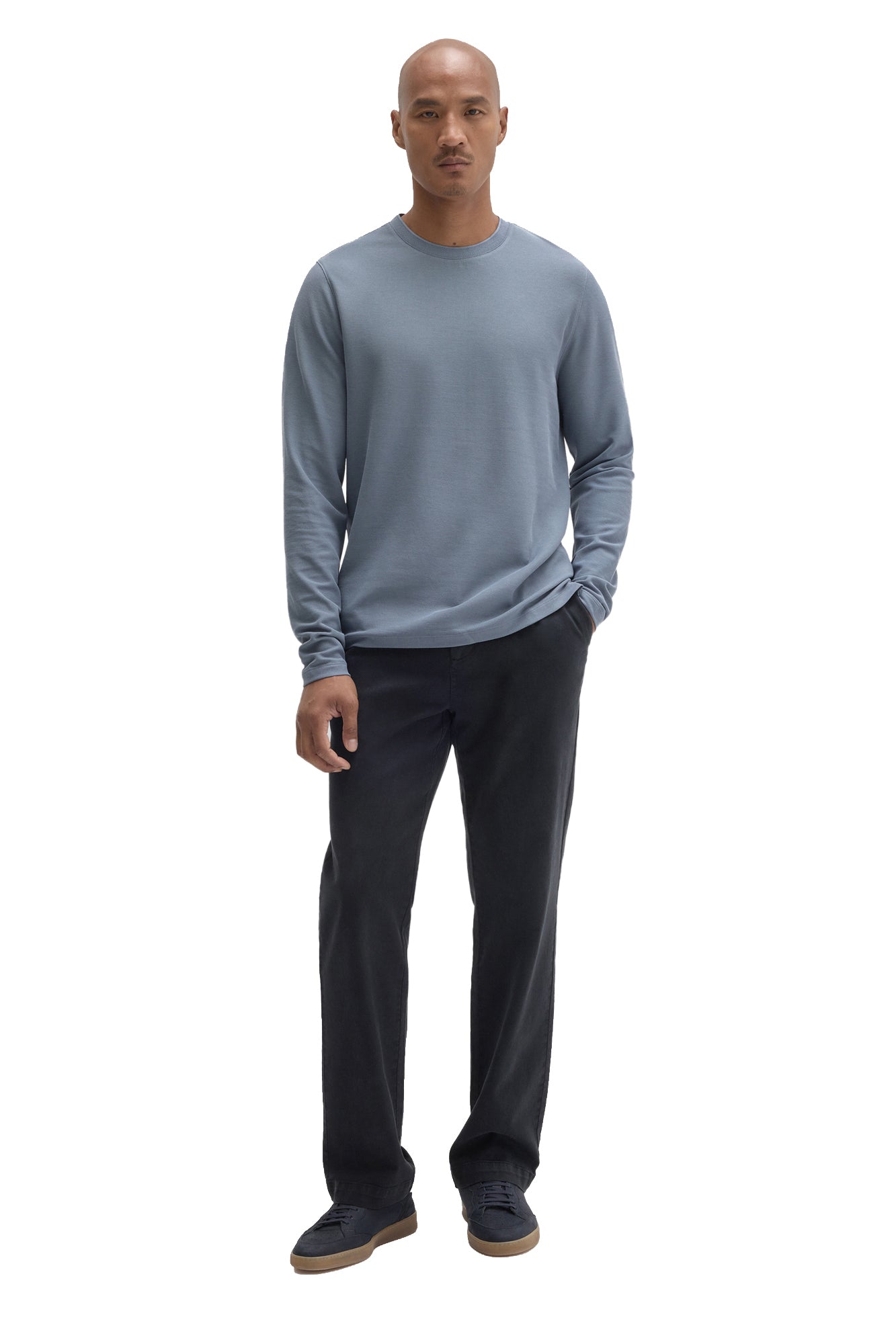 Robert Barakett men's full-length front view of blue-gray long sleeve crewneck T-Shirt styled with dark pants
