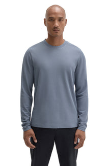 Front view of men's blue-gray long sleeve crewneck T-Shirt with fine texture and straight hem by Robert Barakett