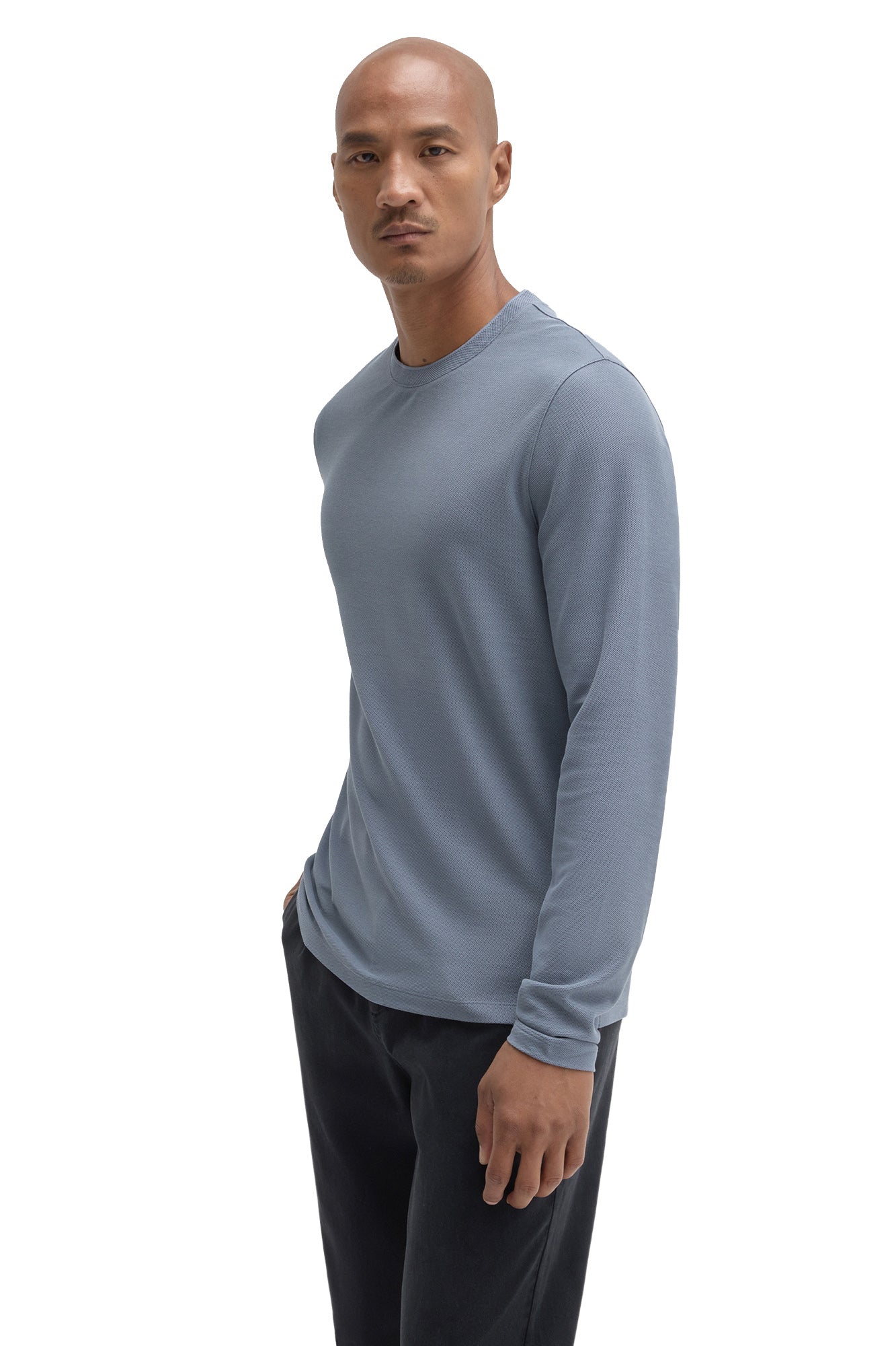 Robert Barakett men's angled front view of blue-gray long sleeve crewneck T-Shirt with fine textured surface