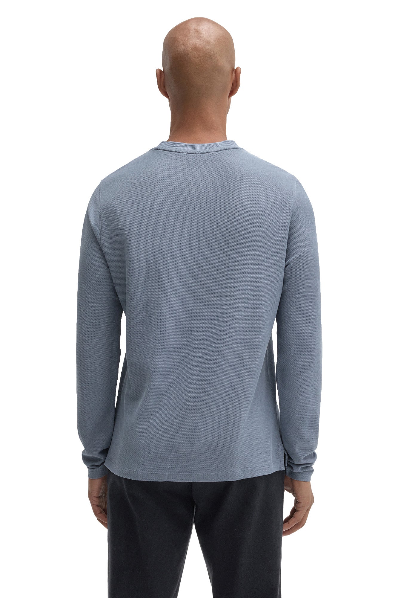 Robert Barakett men's blue-gray long sleeve T-Shirt with crewneck and straight stitched hem shown from the back