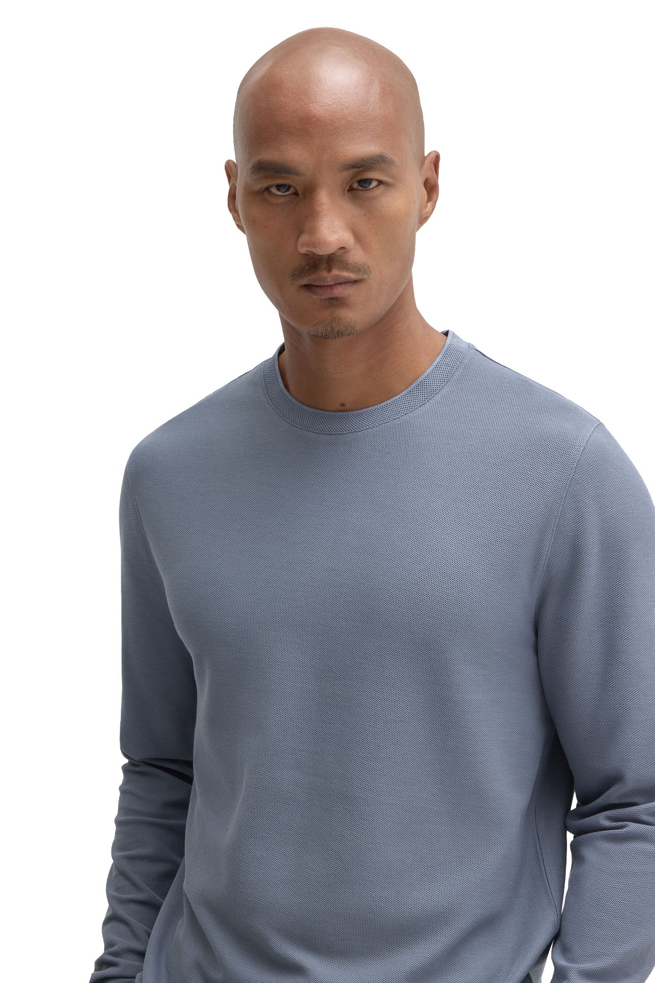 Robert Barakett men's blue-gray long sleeve T-Shirt with ribbed crewneck and fine texture, close-up
