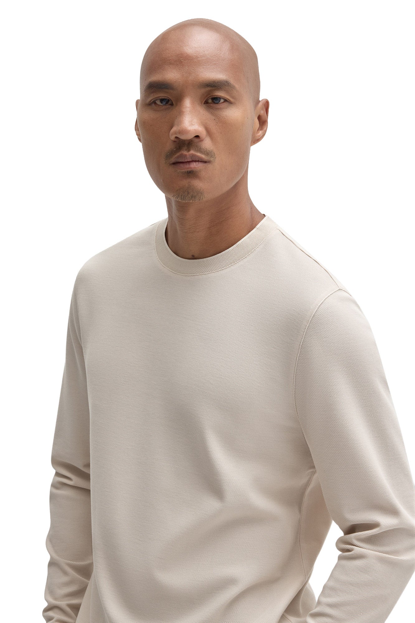 Robert Barakett men's close front view of an ivory long sleeve crewneck T-Shirt with fine textured surface