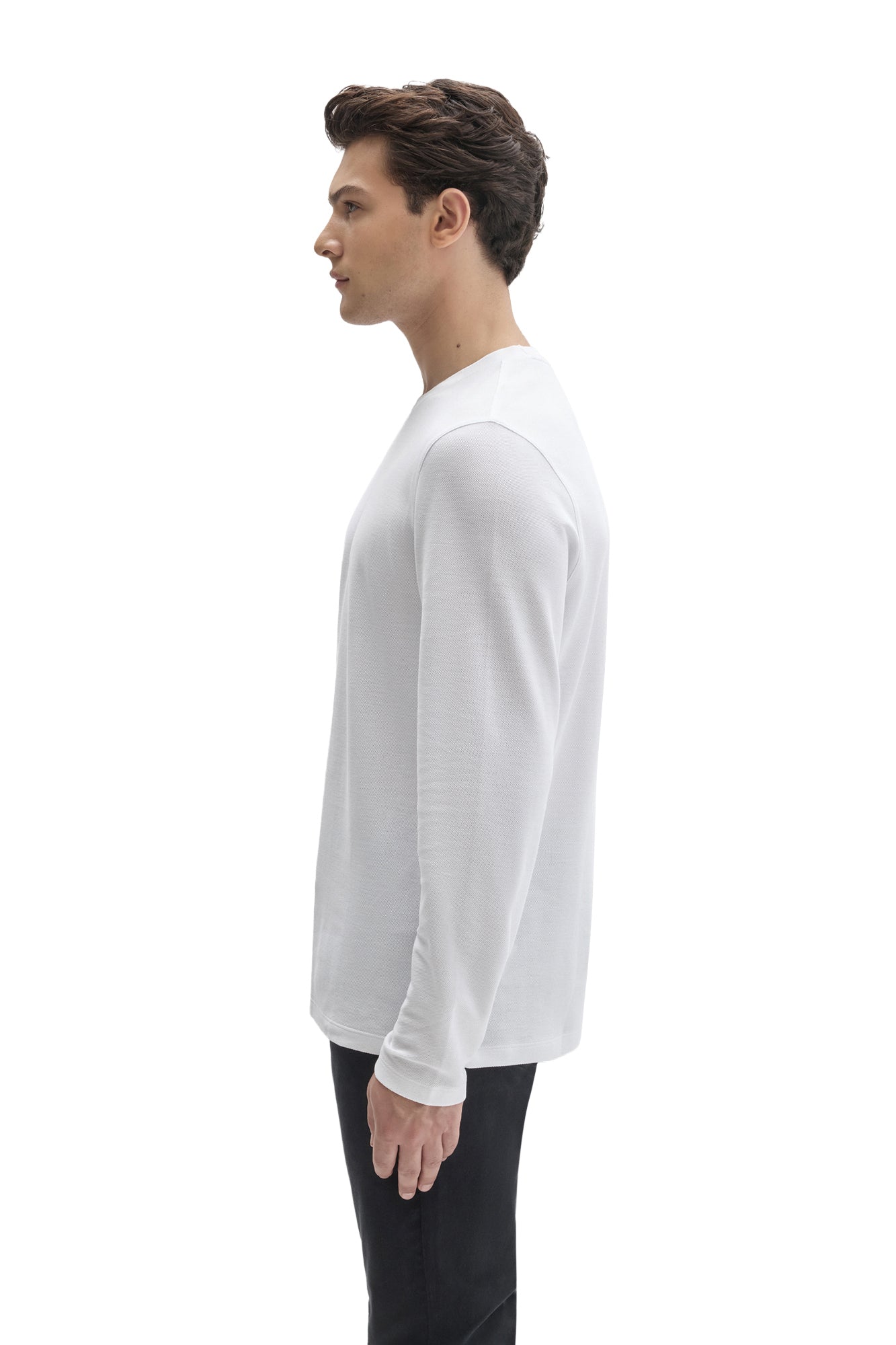 Robert Barakett men's white long sleeve T-Shirt showing straight body and simple sleeve cuff, side view