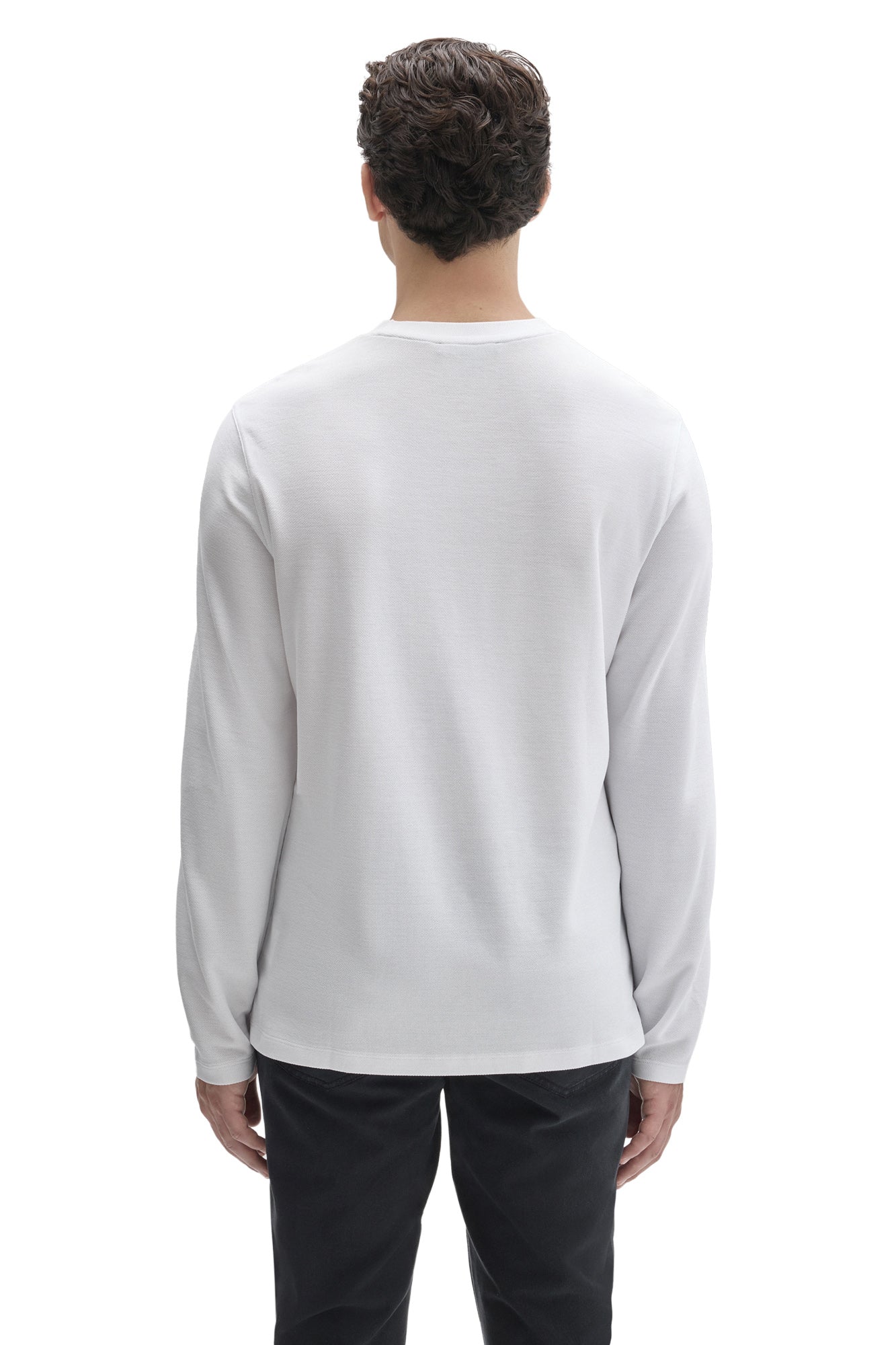Robert Barakett men's white long sleeve T-Shirt with straight hem and fine textured surface, back view