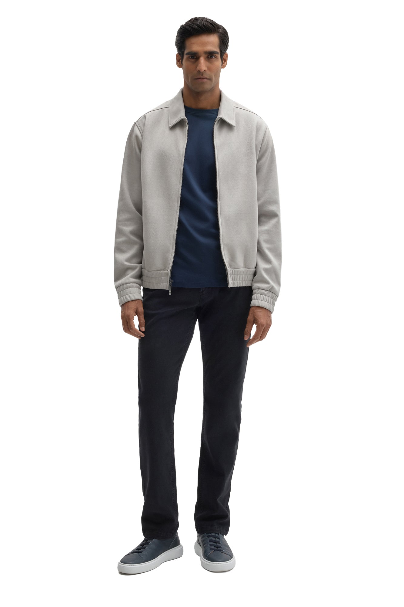 Robert Barakett men's full front view of the light gray zip-front overshirt worn open over a navy T-Shirt
