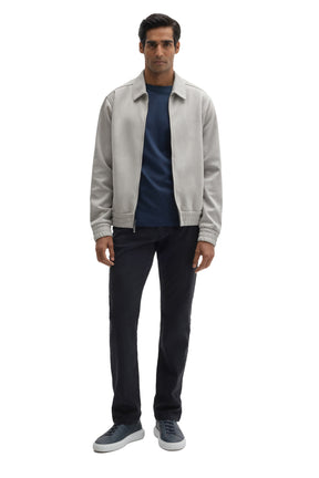 Robert Barakett men's full front view of the light gray zip-front overshirt worn open over a navy T-Shirt
