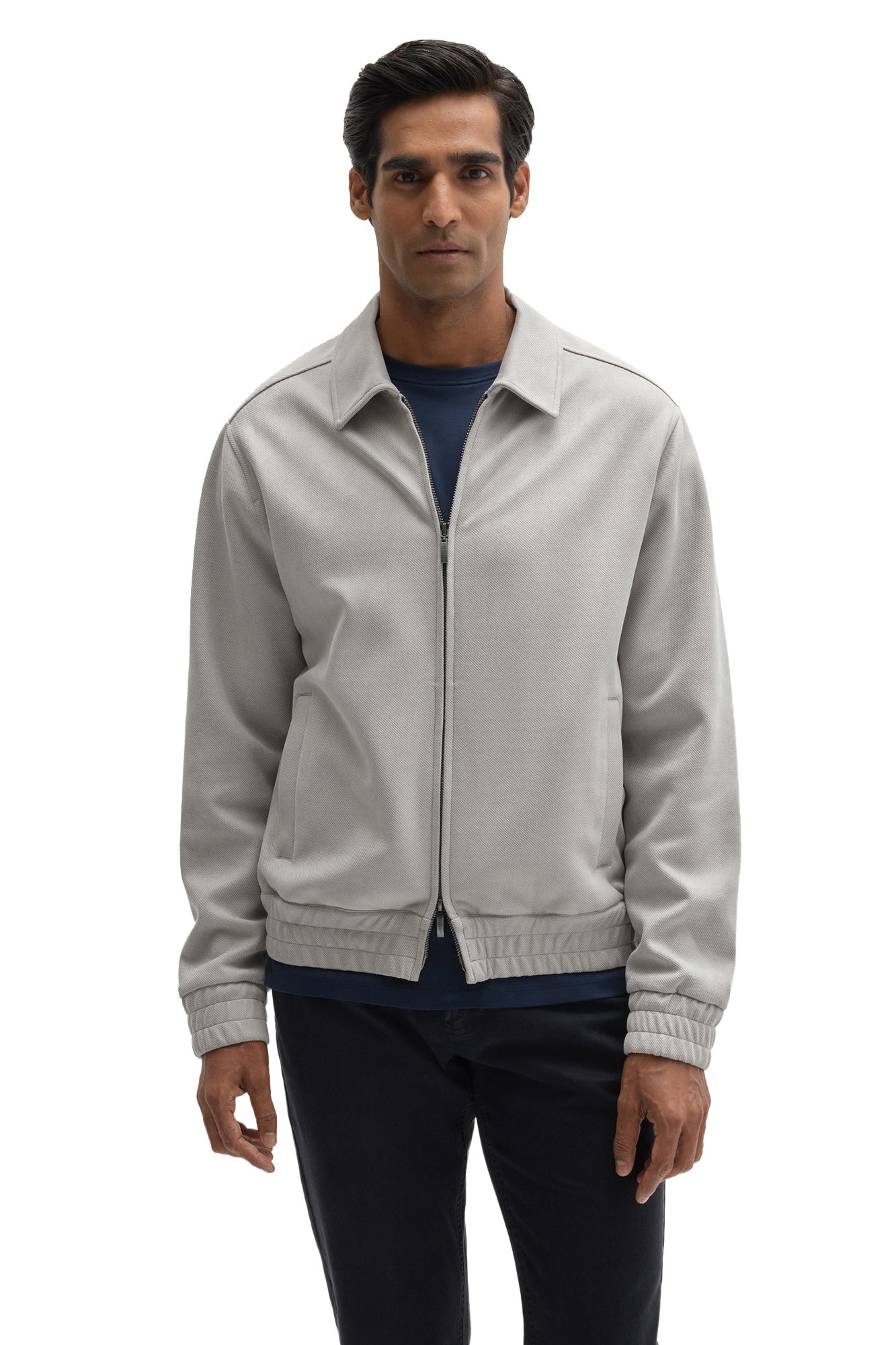 Robert Barakett men's light gray zip-front overshirt with shirt collar, welt pockets, and elastic hem, front view