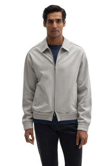Robert Barakett men's light gray zip-front overshirt with shirt collar, welt pockets, and elastic hem, front view